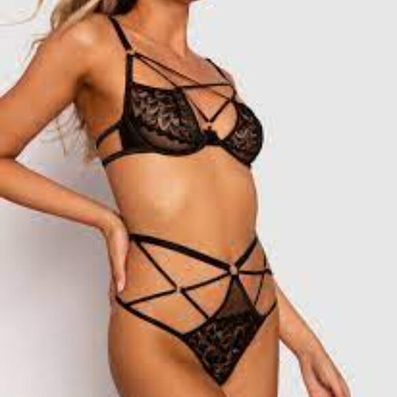 New Bras N Things Panties V String High Waisted Lace Strapping Strings Black - Picture 1 of 13